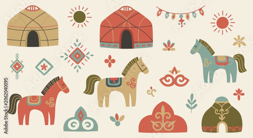 Central Asian nomadic culture elements with yurts, horses, and traditional ornaments.