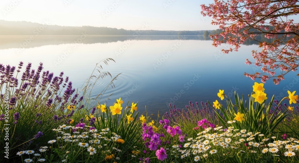 Obraz premium Scenic lake view with blooming spring flowers in foreground.