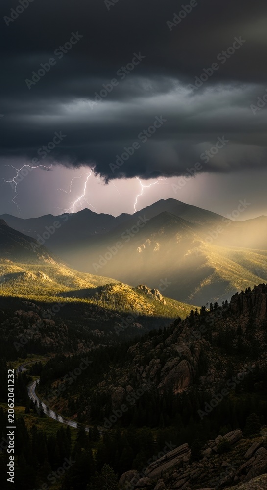 Fototapeta premium Dramatic Mountain Landscape with Lightning Storm and Sunbeams.
