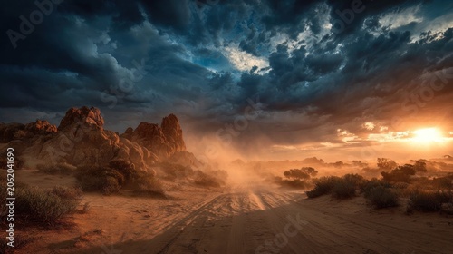 Desert landscape with dramatic sky and road