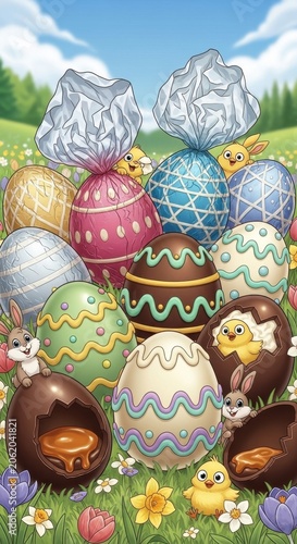 Easter Eggs and Chicks in a Spring Meadow.