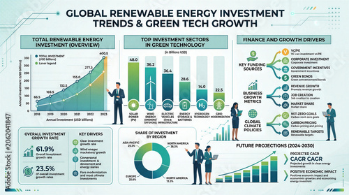 Charts show global renewable energy investment growth from 2018 to 2028. Data highlights key sectors and drivers for investment in clean energy. Concept of finance, sustainability, energy sector