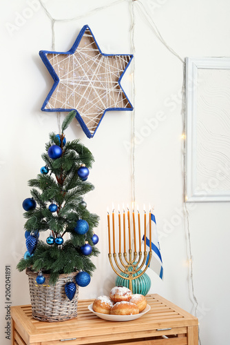 Wooden table with fir tree,...
