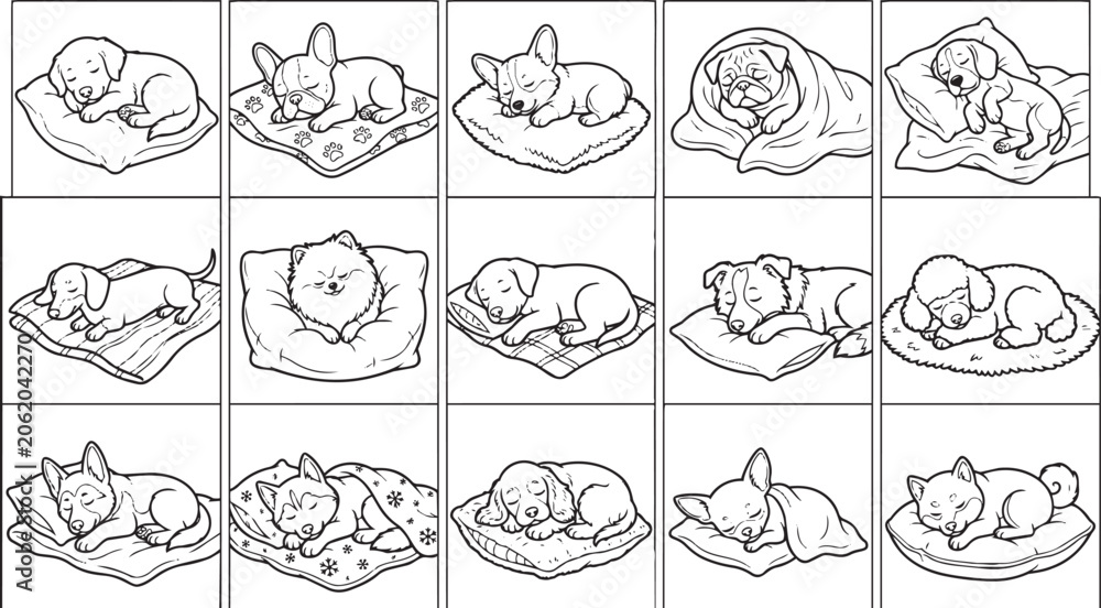 Obraz premium Sleeping puppies in various cozy positions on cushions.