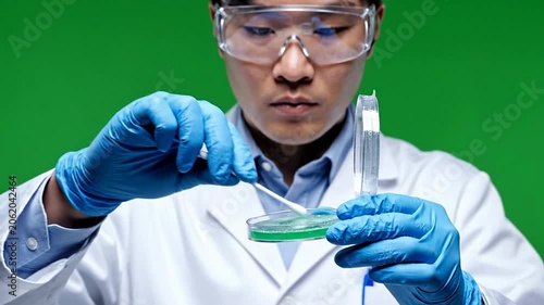 Close-Up Medium Shot of a Scientist in a Lab Coat and Nitrile Gloves Performing a Precise Liquid Transfer with a Pipette in a Petri Dish Against a Green Background