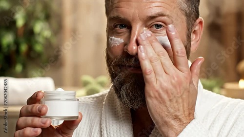 Close-Up Of A Bearded Man Applying Skincare Cream To Face In A Natural Spa Setting