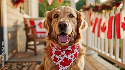 Close-Up Of A Golden Retriever Dog Wearing A Red And White Maple Leaf Bandana Against A Festive Background
