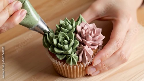 Close-Up Of A Steady Hand Piping Intricate Buttercream Flowers In Green And Pink Colors On Delicious Cupcakes On A Wooden Background