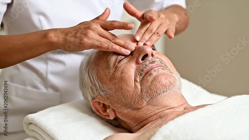 Close-Up of Therapist's Fingertips Gently Tapping Tapotement Massage Techniques on Senior Man's Face in Relaxing Therapy Room