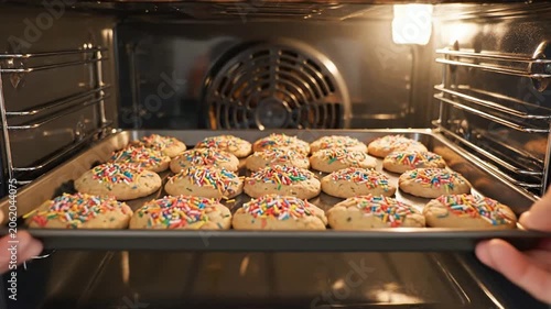 Close-Up POV Shot of Placing a Colorful Tray of Sprinkle-Topped Cookies into a Modern Oven for Baking