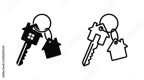 Tableau sur toile Key With House Charm And Keyring Black And White Silhouette