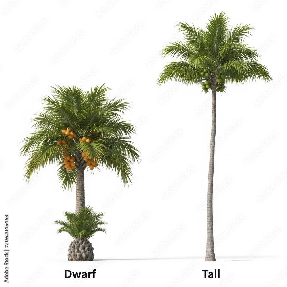 Fototapeta premium Dwarf and Tall Palm Trees Isolated on White Background.