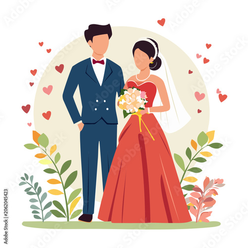 Flat design illustration of bride and groom with bouquet