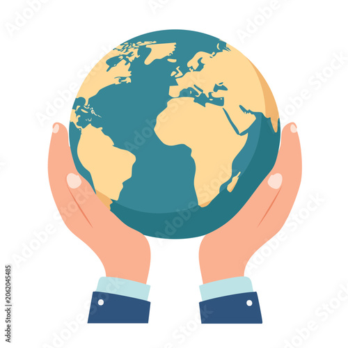 Hands holding the Earth in flat design style