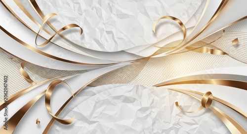 Abstract white crumpled paper background with flowing gold ribbons.