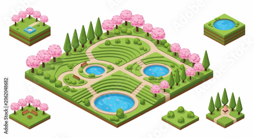 Obraz na plátně Isometric view of a beautiful landscaped garden with ponds and blooming trees, presented as a collection of modular elements