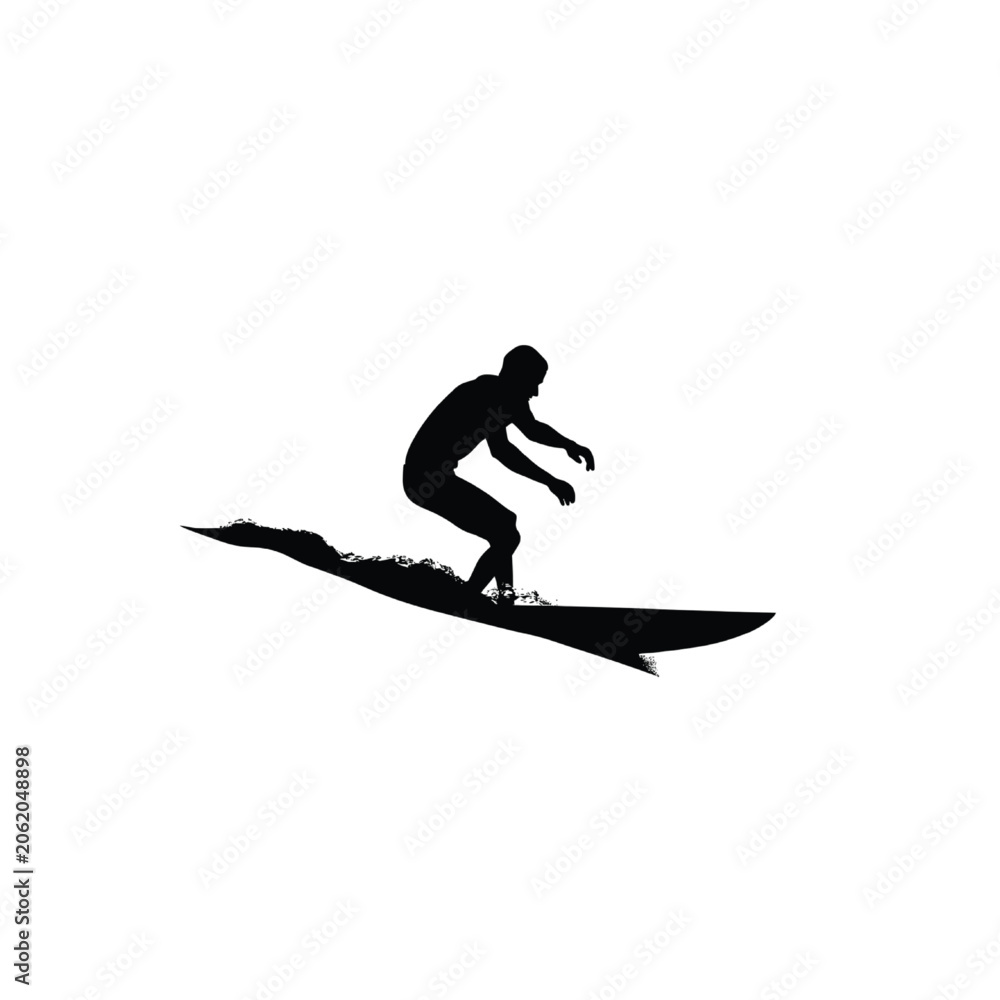 Naklejka premium Surfer silhouette glides across a rolling ocean wave demonstrating extreme athletic balance and focus during an intense summer water sports session in the open sea.