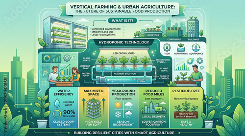 Graphic illustrates vertical farming methods in urban settings. Contains details on hydroponics, water efficiency, and food systems. Concept of agriculture, sustainability, urban development