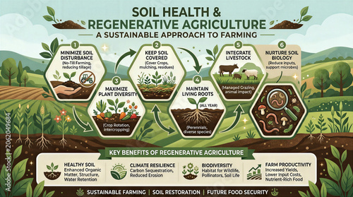 Infographic displays regenerative agriculture methods like crop rotation and cover crops. Clear sections show benefits for soil health and food security