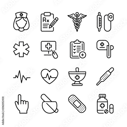 medical related vector line icons collection containing mri, prescription document, surgical tools, patient care, and diagnostic symbols, editable stroke design with pixel perfect precision