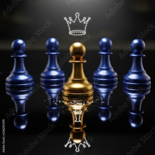 Golden Pawn Chess Piece Stands Out Among Blue Pawns Under Crown.