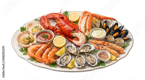 Gourmet seafood platter with lobster, oysters and shrimp. Luxury shellfish assortment on white background. Fresh ocean food tray for restaurant menu.