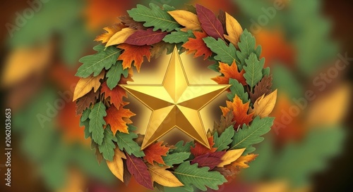 Golden Star Emblem Surrounded by Autumn Leaf Wreath.