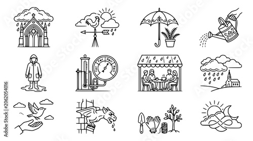 Obraz na płótnie Weather Icons: Rain, Sun, Umbrella, Seasons, Gardening, Meteorology, Building