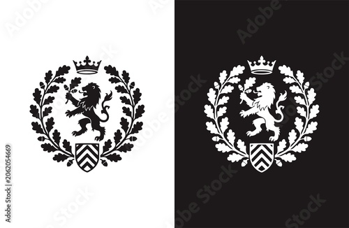 Photography Royal Lion Heraldic Crest with Crown and Oak Wreath Vector Emblem