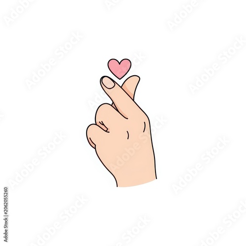 Hand making Korean finger heart gesture with pink heart symbol.