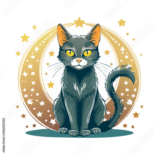 Cartoon black cat with glowing eyes and star frame