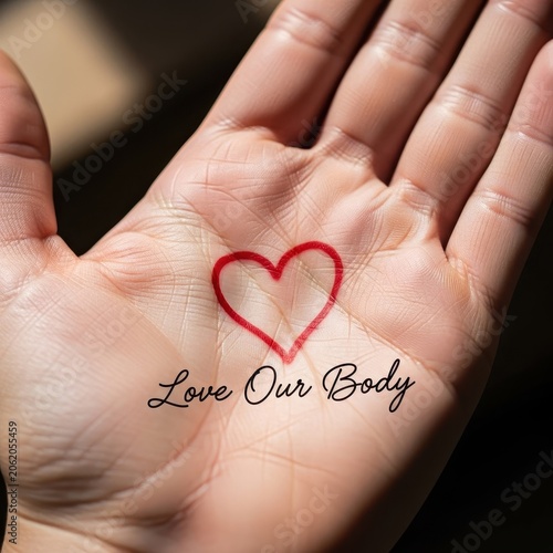 Hand with heart drawing and text love our body.