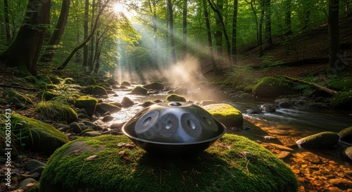 Handpan instrument resting on mossy rocks in a sunlit forest stream.