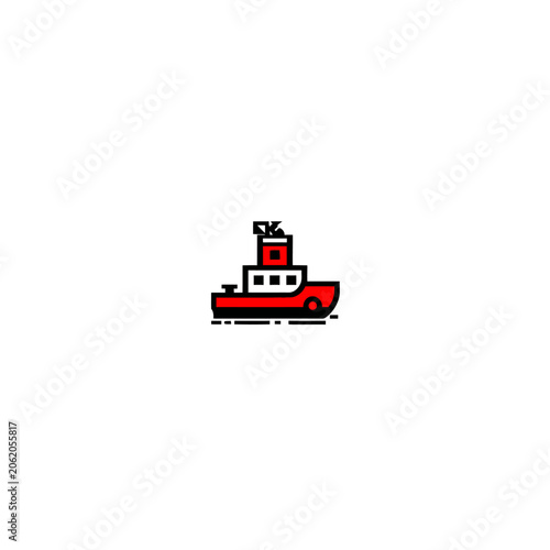 A simple illustration of a red tugboat with black outlines on a white background