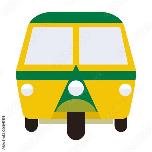 A frontal view of a stylized, colorful three-wheeled vehicle icon, in yellow, green, and white