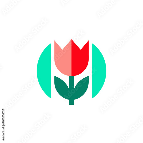 A geometric floral design with a red and pink flower, green stem, and accents set inside a teal circle