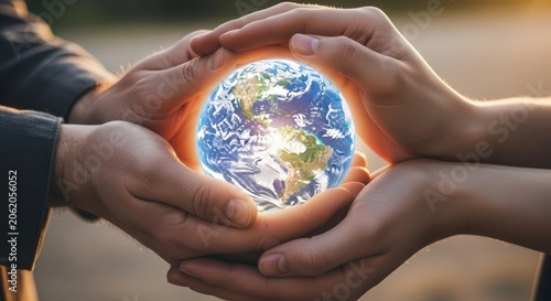 Hands holding a glowing Earth globe symbolizing global unity and environmental care.