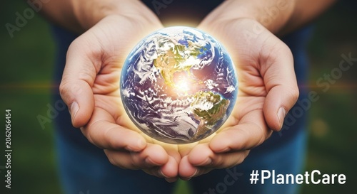 Hands holding glowing planet Earth with PlanetCare hashtag.
