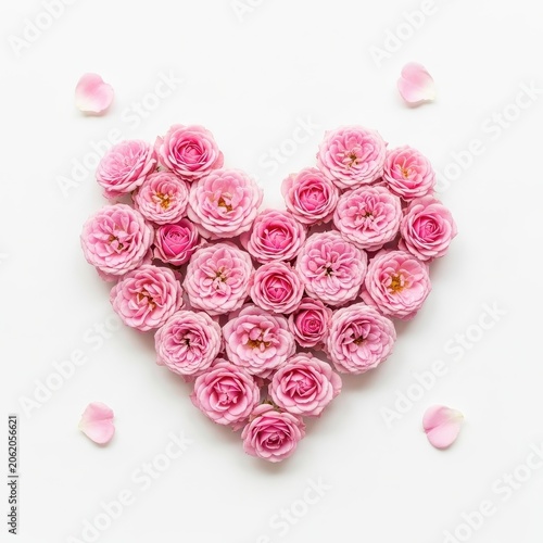 Heart shape made of pink roses and petals on white background.