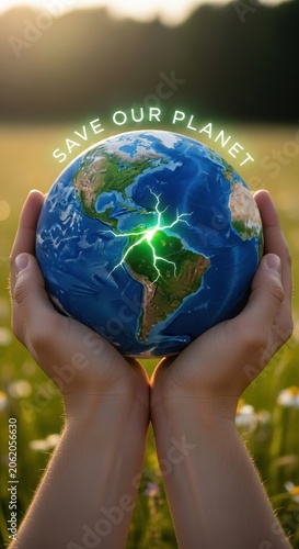 Hands holding planet Earth with glowing green energy and text save our planet.