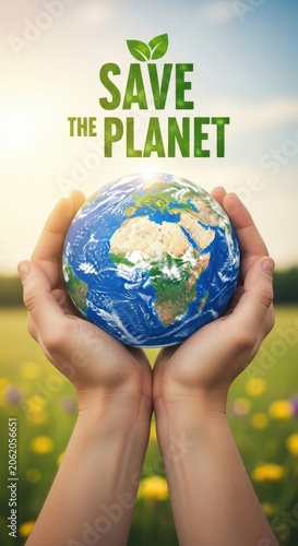 Hands holding planet Earth with save the planet text and green leaves.