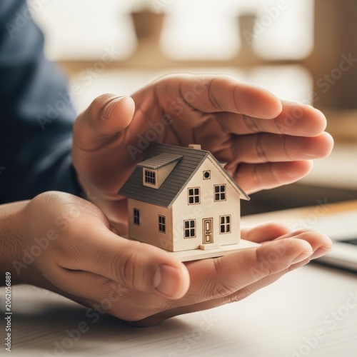 Hands protectively cradling a miniature house symbolizing home security and real estate investment.