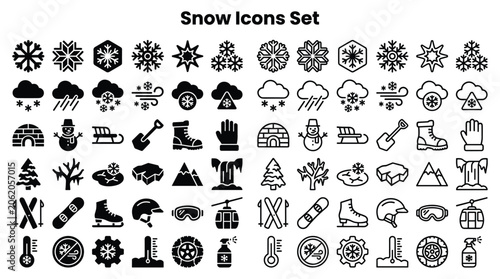 Fotografie Snow icons set featuring winter weather forecast symbols and cold climate elemen