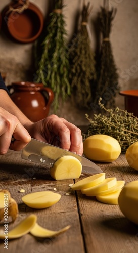 Hands slicing fresh potatoes on a rustic wooden table with dried herbs in the background.