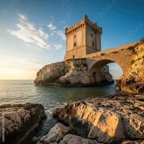 Historic coastal tower connected by stone bridge over the sea.