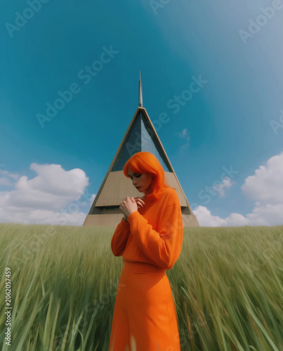 Orange Figure near Triangle Architecture