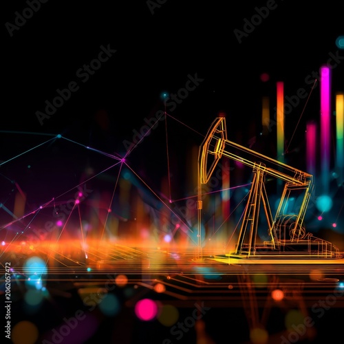 Innovative blend of traditional industry and futuristic digital signage. Smart grid. Technological and financial fusion: oil pump jack with illuminating graphs. Intelligent network.