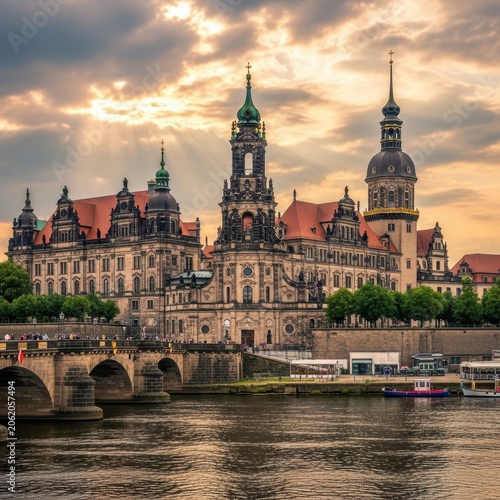 Historic Dresden cityscape with Elbe river and bridge at sunset.