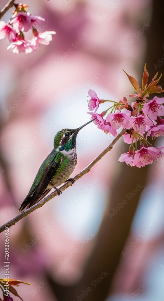 Fototapeta premium Hummingbird Perched on Cherry Blossom Branch in Spring.