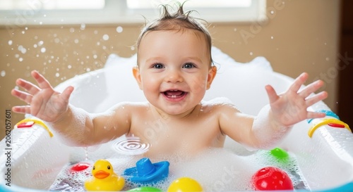 Happy baby boy splashing in bathtub with toys and bubbles.